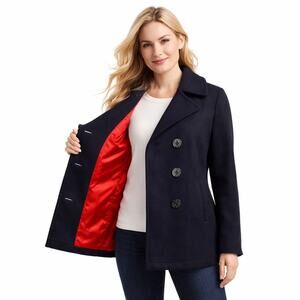 Lands’ End Womens 16 Navy Blue Double Breasted Wool Peacoat Red Satin Lining